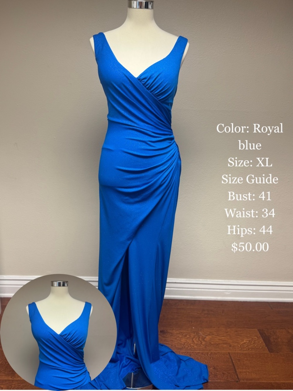 Royal Blue V-Neck Maxi Dress with Ruched Side